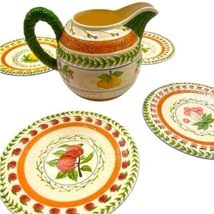 Four (4) Vintage Collectible Strata Group Fresh NFruity Handpainted Plates & Jug